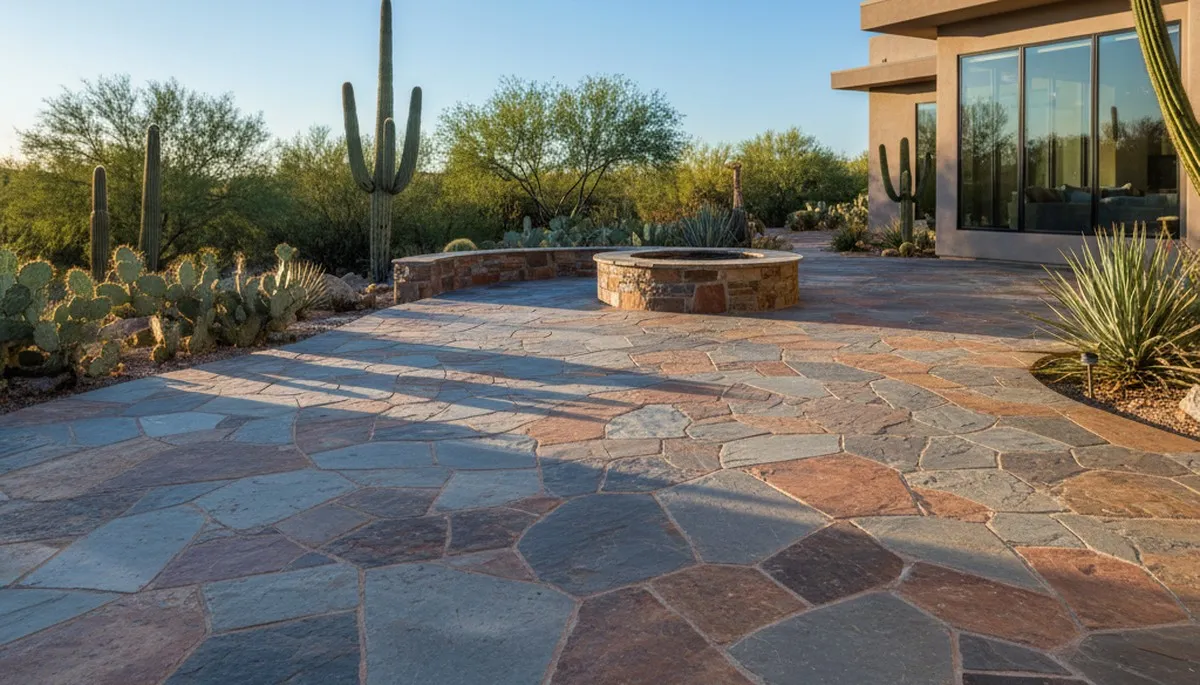 Flagstone patio installation with natural stone pavers by Chop Chop Landscaping in Scottsdale, AZ