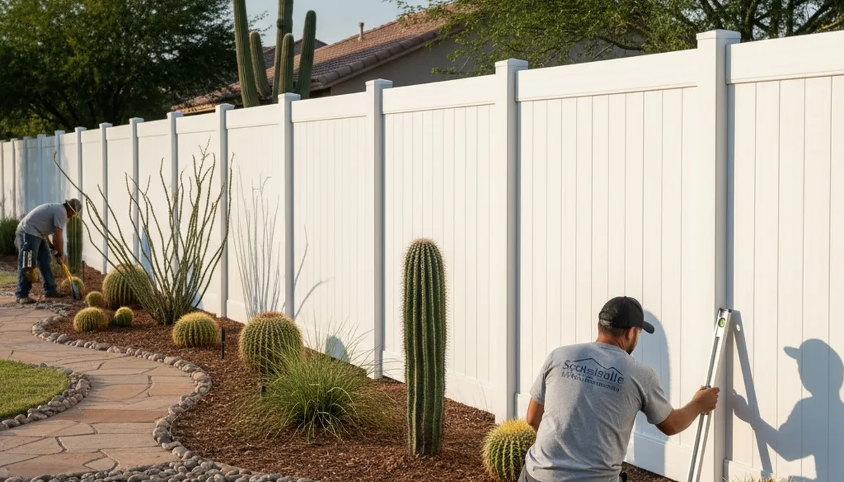 White wooden privacy fence installation by Chop Chop Landscaping in Scottsdale, AZ