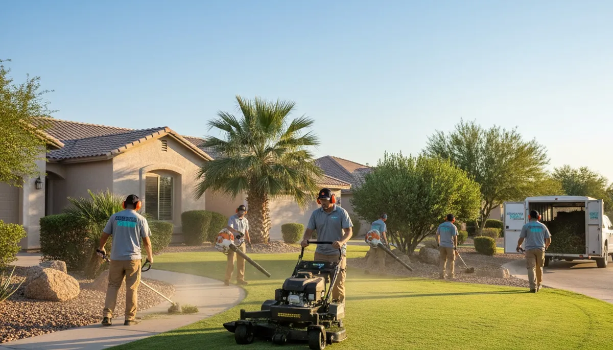 Professional lawn care crew mowing and trimming a Scottsdale AZ yard for Chop Chop Landscaping